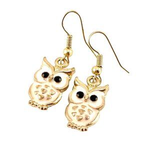 Adorable Owl Dangle Earrings With Pink & White Enamel Accents Gold-Tone Hooks Li